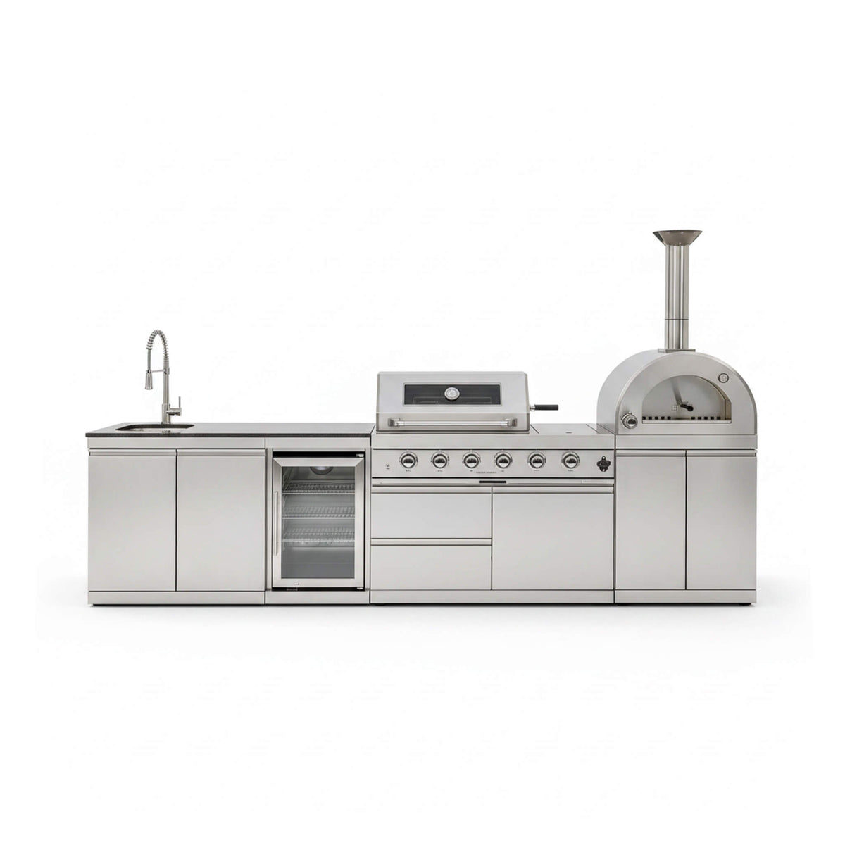 125-Inch 4-Burner 108K BTU Outdoor Kitchen Island With Pizza Oven, Rotisserie & Refrigerator