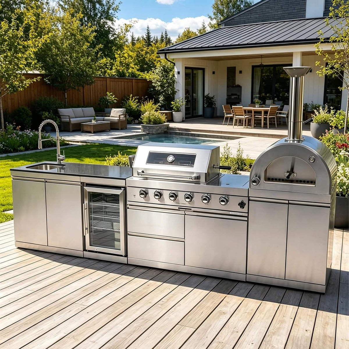 125-Inch 4-Burner 108K BTU Outdoor Kitchen Island With Pizza Oven, Rotisserie & Refrigerator