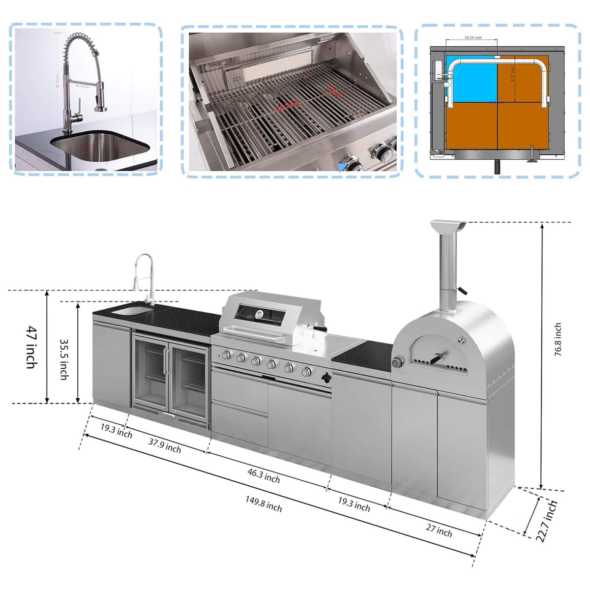 150-Inch 4-Burner 108K BTU Outdoor Kitchen Island With Pizza Oven, Rotisserie & Refrigerator