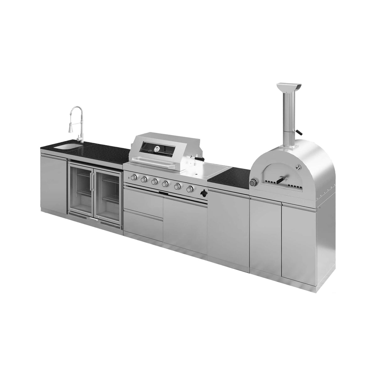 150-Inch 4-Burner 108K BTU Outdoor Kitchen Island With Pizza Oven, Rotisserie & Refrigerator