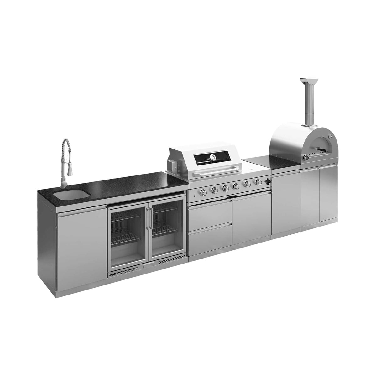 150-Inch 4-Burner 108K BTU Outdoor Kitchen Island With Pizza Oven, Rotisserie & Refrigerator
