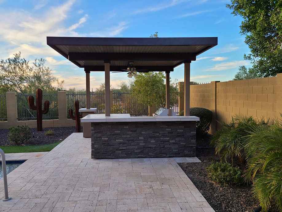 Outdoor Kitchen BBQ Island with 12' x 12' Pergola – Built-In 4-Burner Grill, Refrigerator, and Lighting