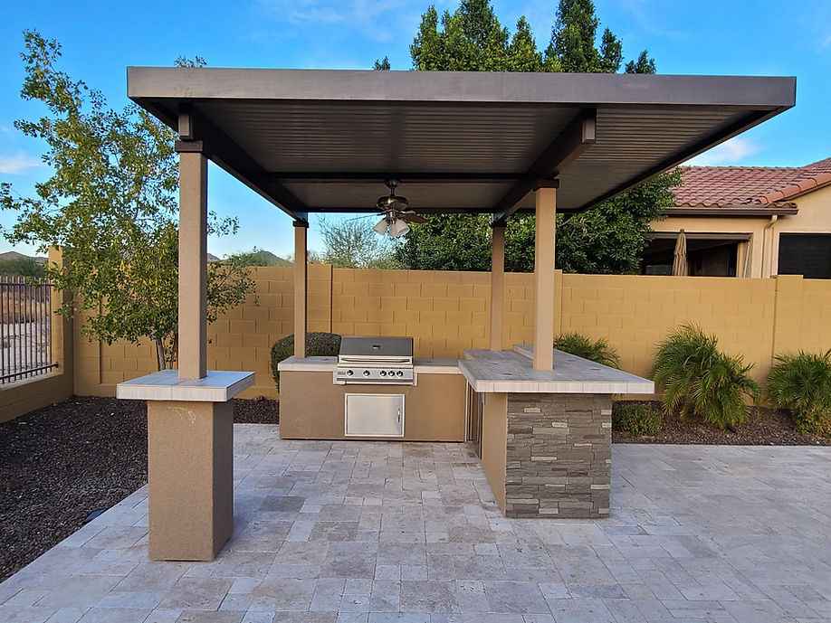 Outdoor Kitchen BBQ Island with 12' x 12' Pergola – Built-In 4-Burner Grill, Refrigerator, and Lighting