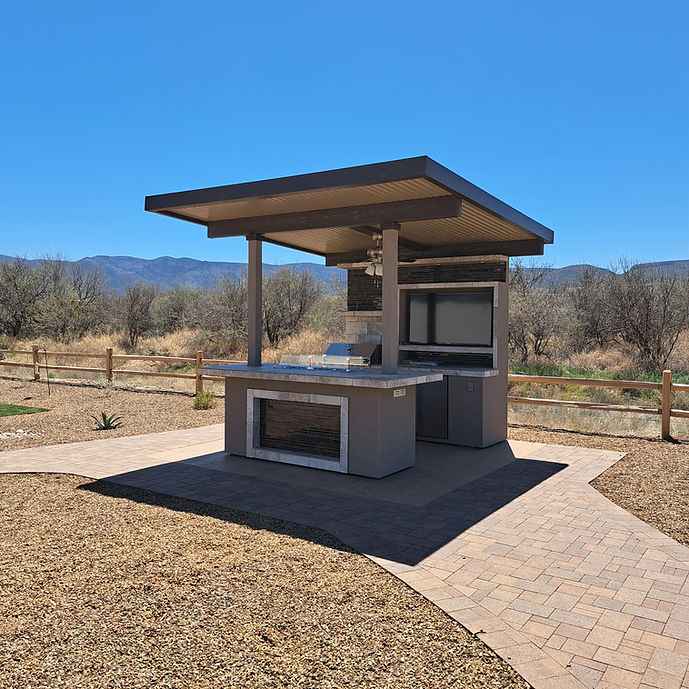 FlowState Baja Outdoor Kitchen with 12x12 Patio Cover – Complete Modular BBQ Island with Grill, Fridge & Bar Seating