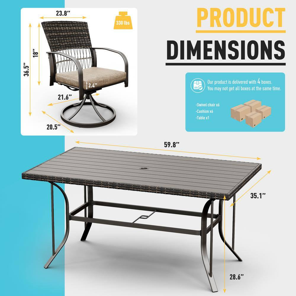 7-Piece Metal Patio Outdoor Dining Set with Rectangle Table and Rattan Swivel Chairs with Beige Cushion