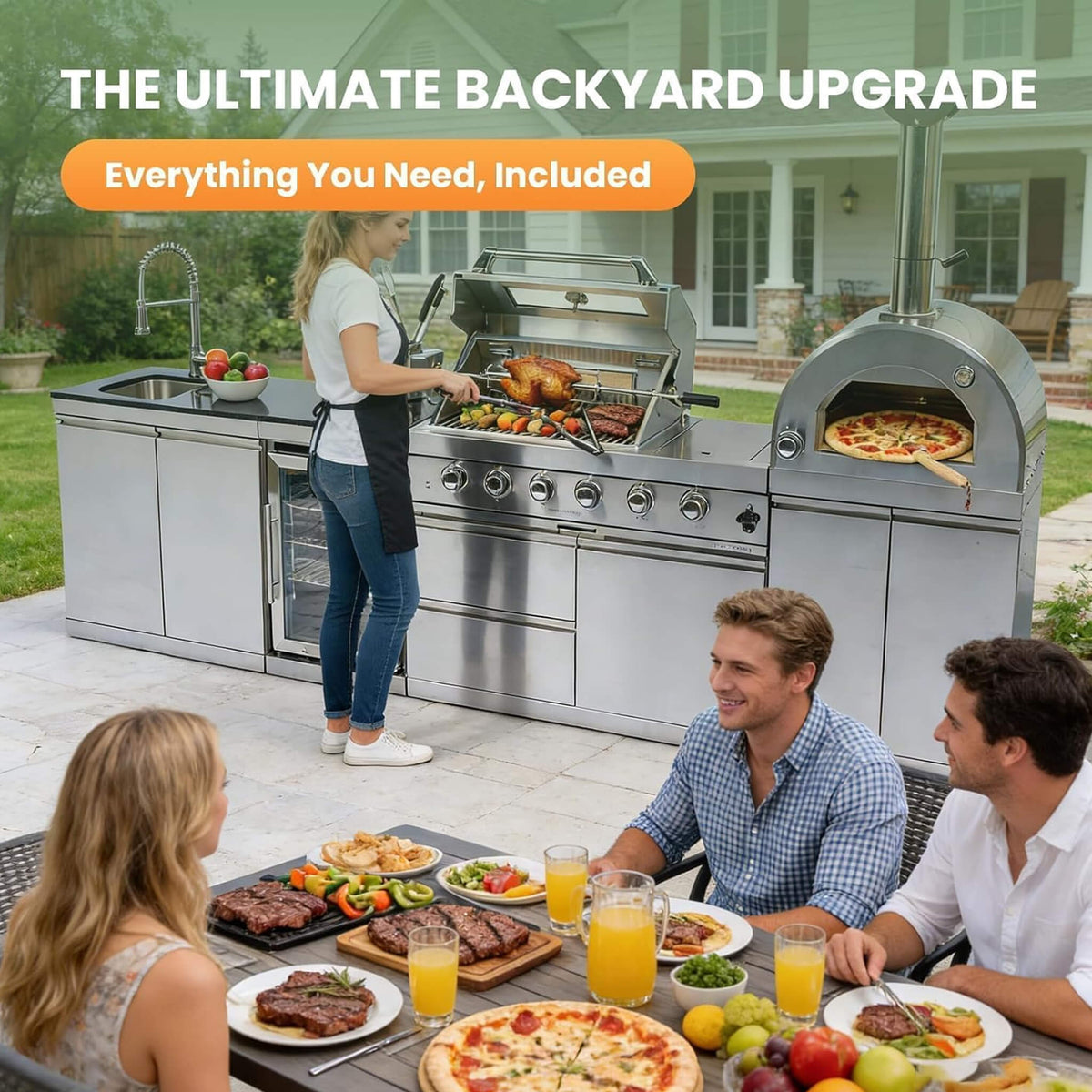125-Inch 4-Burner 108K BTU Outdoor Kitchen Island With Pizza Oven, Rotisserie & Refrigerator