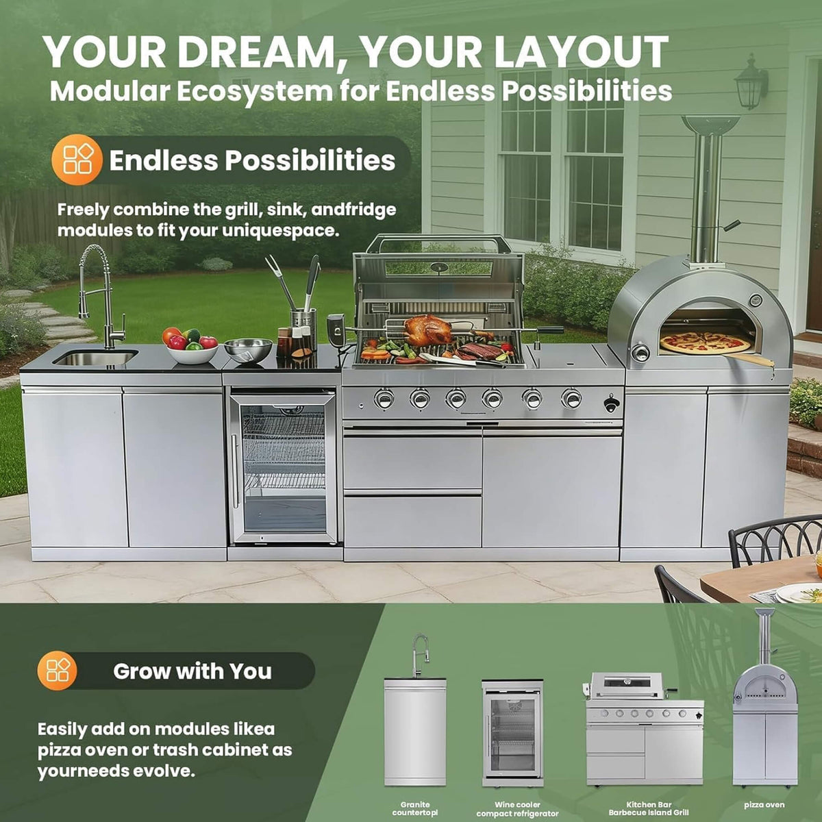 125-Inch 4-Burner 108K BTU Outdoor Kitchen Island With Pizza Oven, Rotisserie & Refrigerator