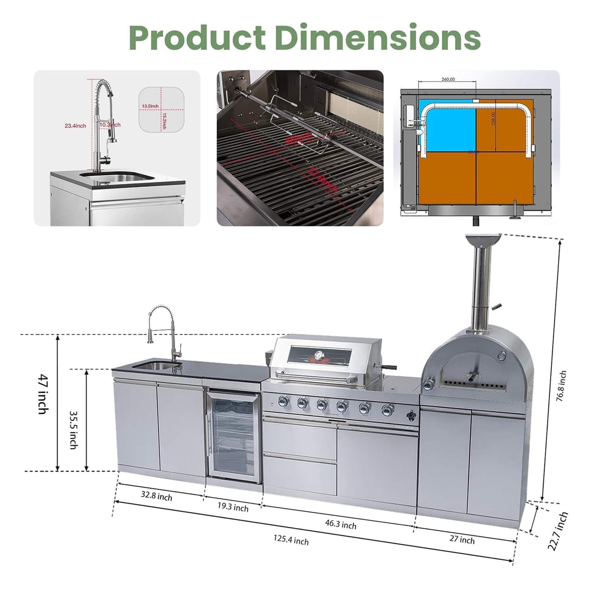 125-Inch 4-Burner 108K BTU Outdoor Kitchen Island With Pizza Oven, Rotisserie & Refrigerator