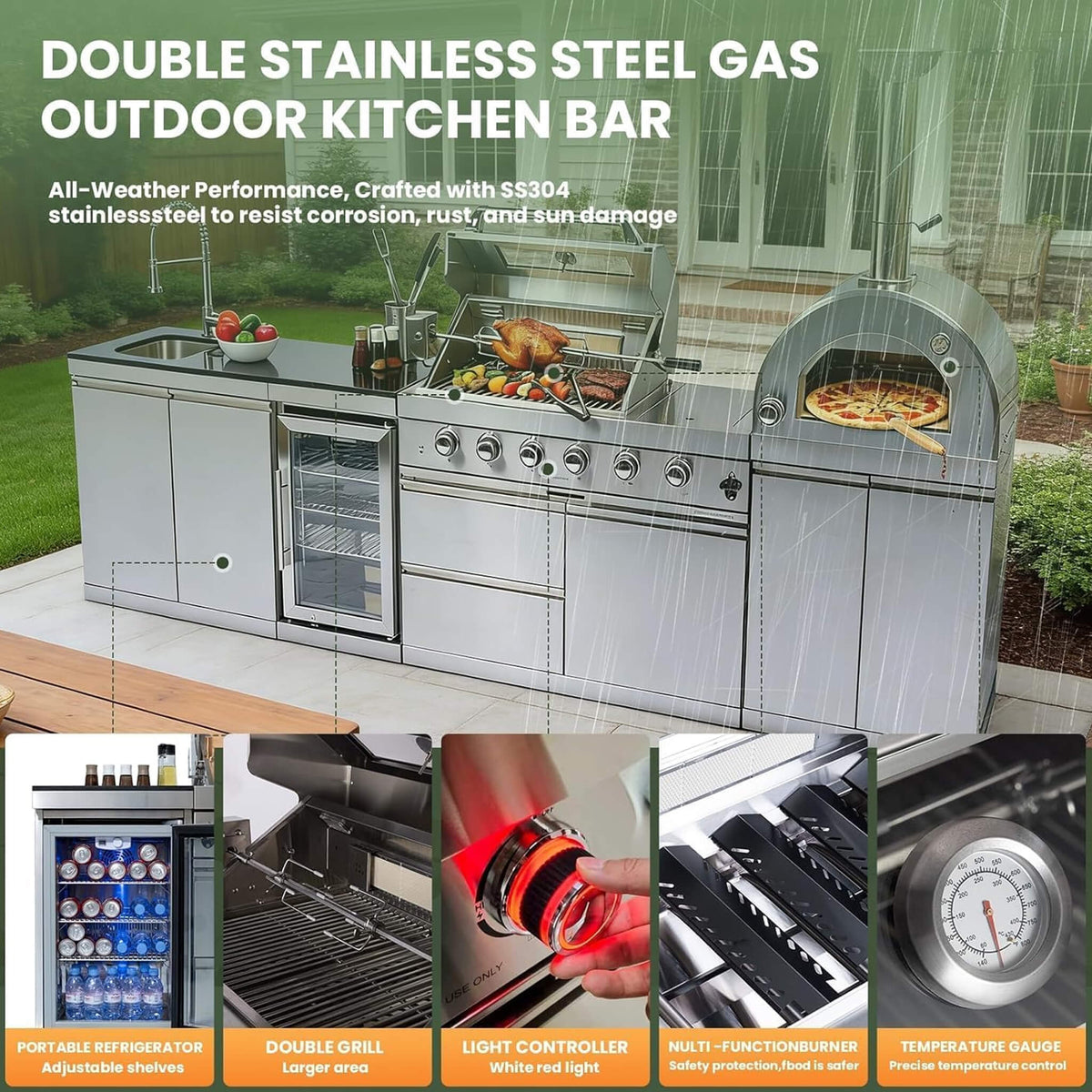 125-Inch 4-Burner 108K BTU Outdoor Kitchen Island With Pizza Oven, Rotisserie & Refrigerator