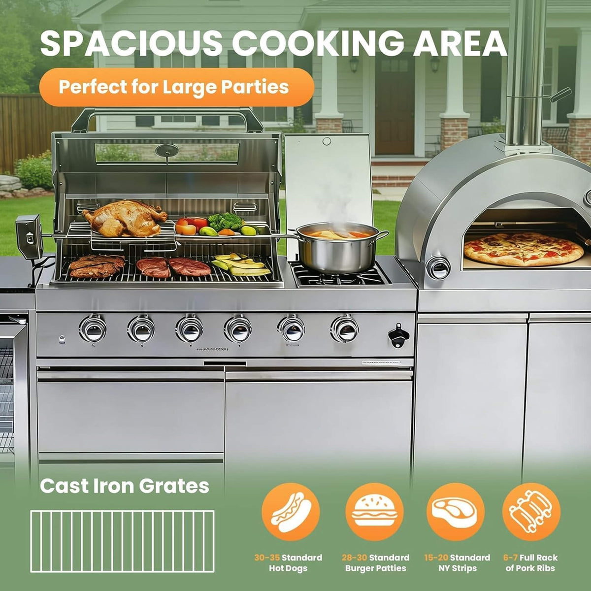 125-Inch 4-Burner 108K BTU Outdoor Kitchen Island With Pizza Oven, Rotisserie & Refrigerator