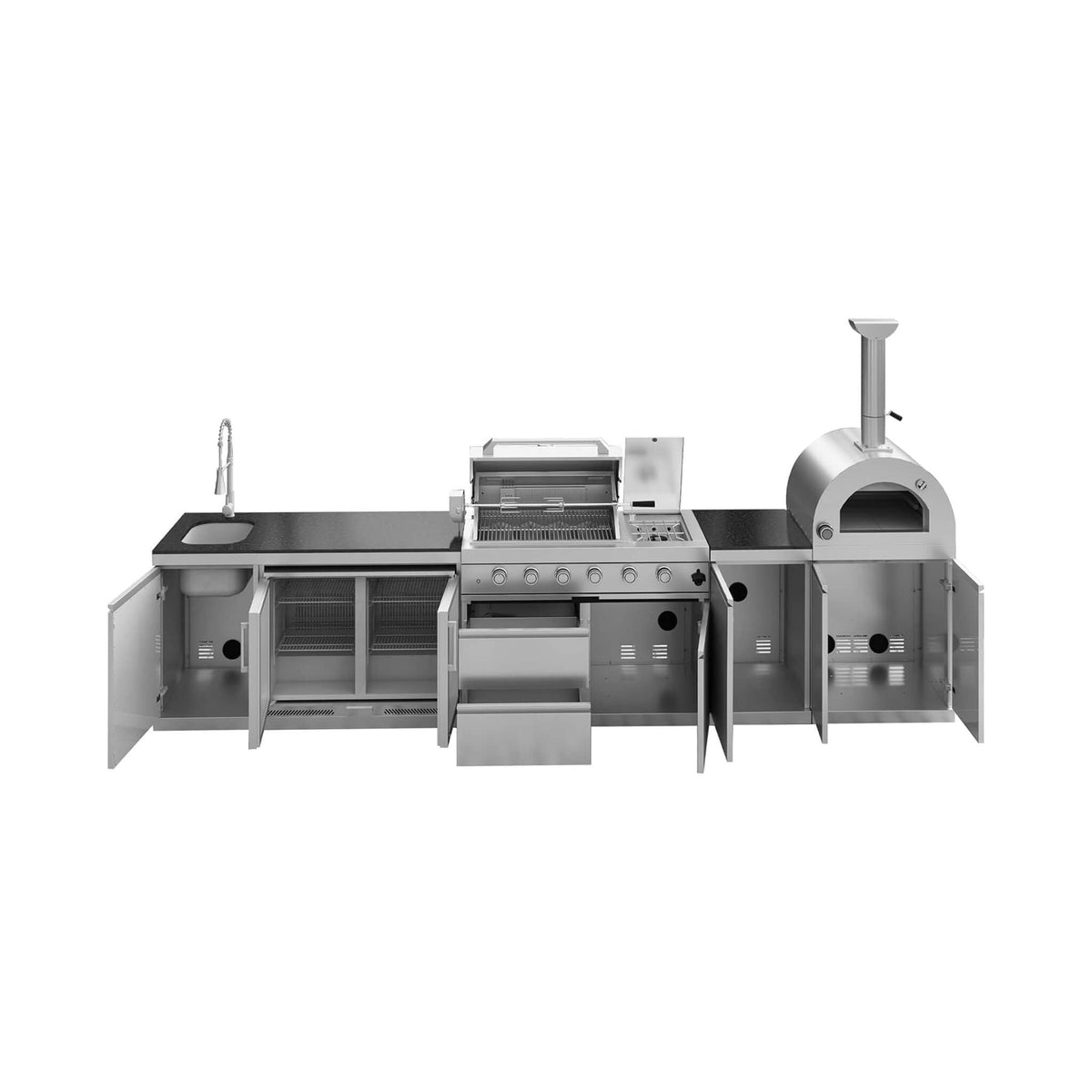 150-Inch 4-Burner 108K BTU Outdoor Kitchen Island With Pizza Oven, Rotisserie & Refrigerator
