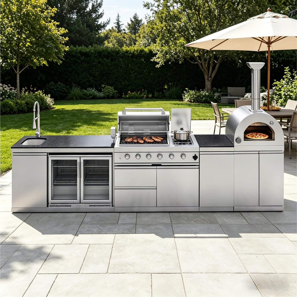 150-Inch 4-Burner 108K BTU Outdoor Kitchen Island With Pizza Oven, Rotisserie & Refrigerator