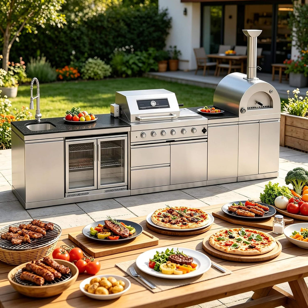 150-Inch 4-Burner 108K BTU Outdoor Kitchen Island With Pizza Oven, Rotisserie & Refrigerator