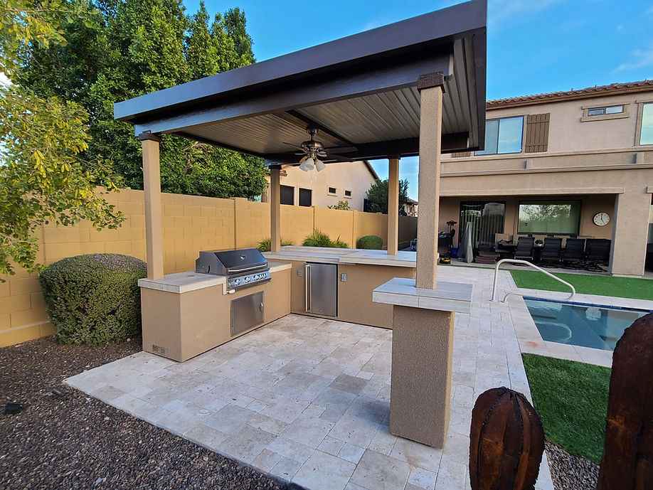 Outdoor Kitchen BBQ Island with 12' x 12' Pergola – Built-In 4-Burner Grill, Refrigerator, and Lighting