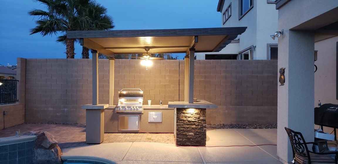 Outdoor Kitchen BBQ Island with 12' x 12' Pergola – Built-In 4-Burner Grill, Refrigerator, and Lighting