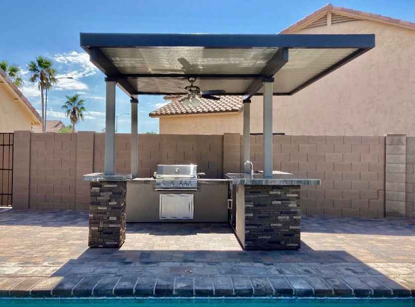 Outdoor Kitchen BBQ Island with 12' x 12' Pergola – Built-In 4-Burner Grill, Refrigerator, and Lighting