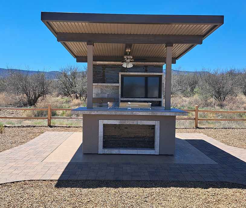 FlowState Baja Outdoor Kitchen with 12x12 Patio Cover – Complete Modular BBQ Island with Grill, Fridge & Bar Seating