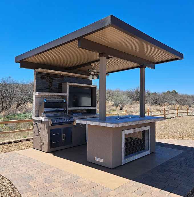 FlowState Baja Outdoor Kitchen with 12x12 Patio Cover – Complete Modular BBQ Island with Grill, Fridge & Bar Seating