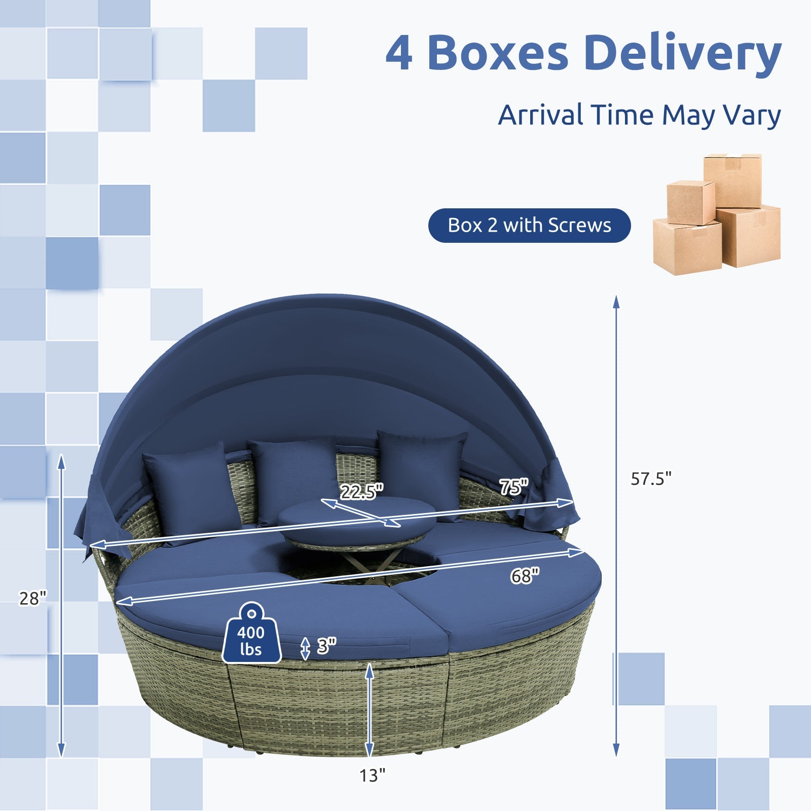 Outdoor PE Wicker Round Daybed with Retractable Canopy and Cushions-Navy